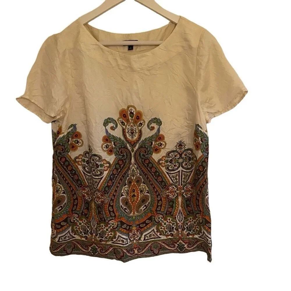 Talbots size 8 100% silk blouse paisley print short sleeve zipper side